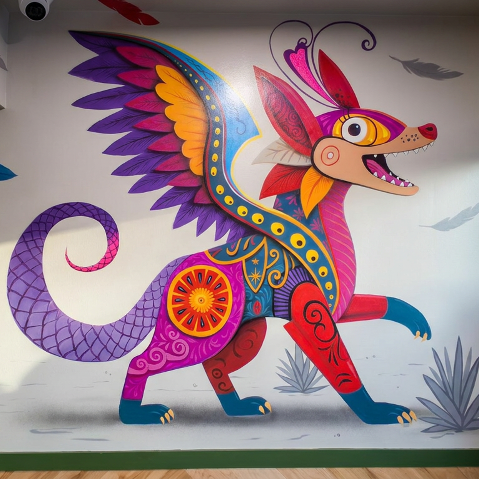 Colorful mural of a winged, feathered dragon with a curled tail, surrounded by desert plants and feather motifs.