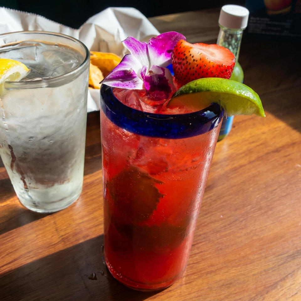 Red fruit cocktail garnished with lime, strawberry, and orchid beside an iced lemon water on a sunlit wooden restaurant table.