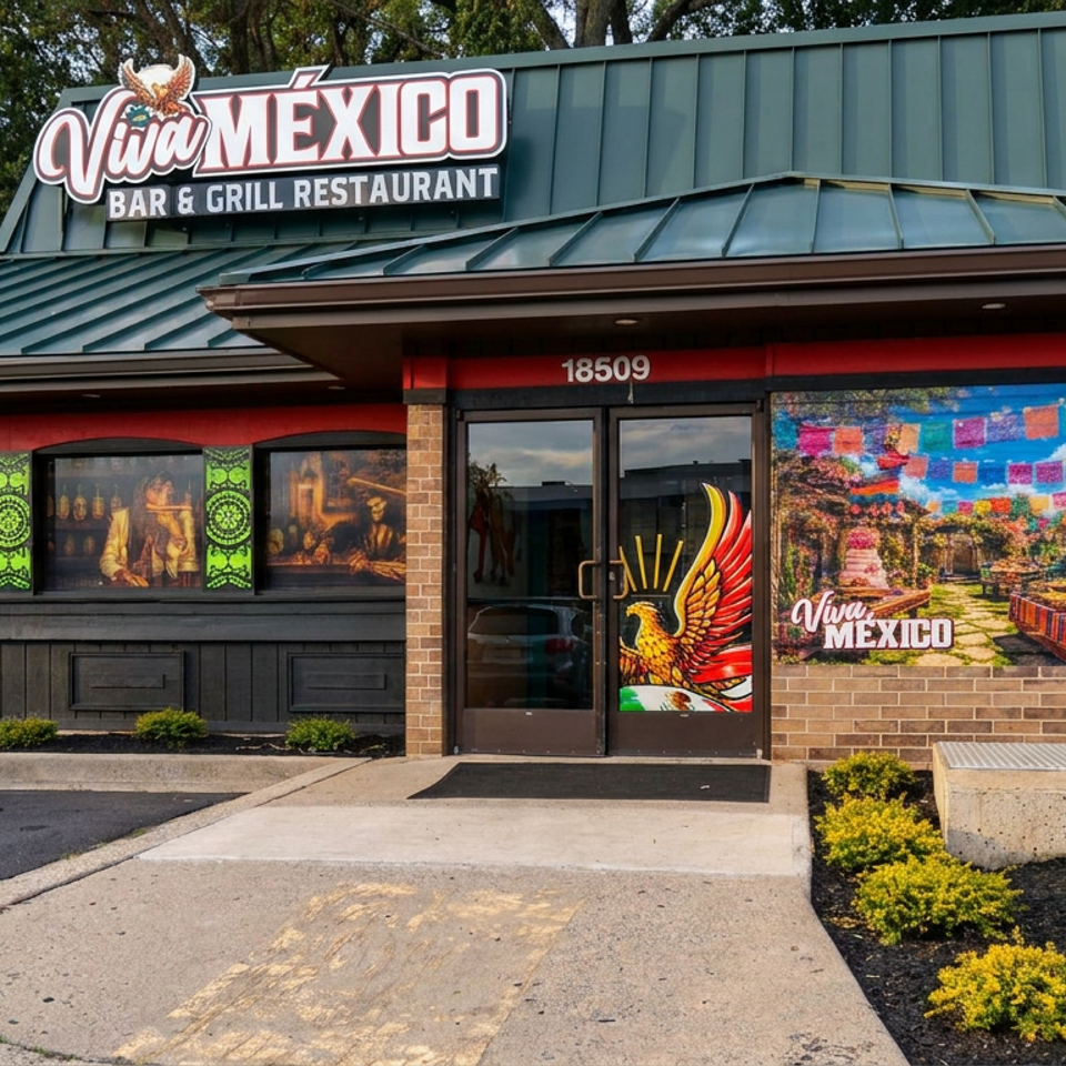 Exterior of Viva México Bar & Grill Restaurant featuring colorful Mexican artwork, entrance, signage, and landscaped frontage.
